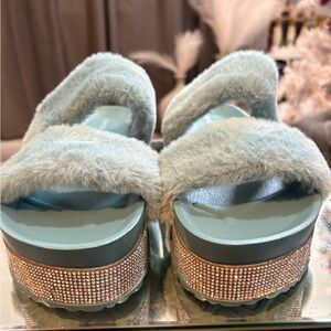 Bamboo Faux Fur Platform Sandals - Powder Blue